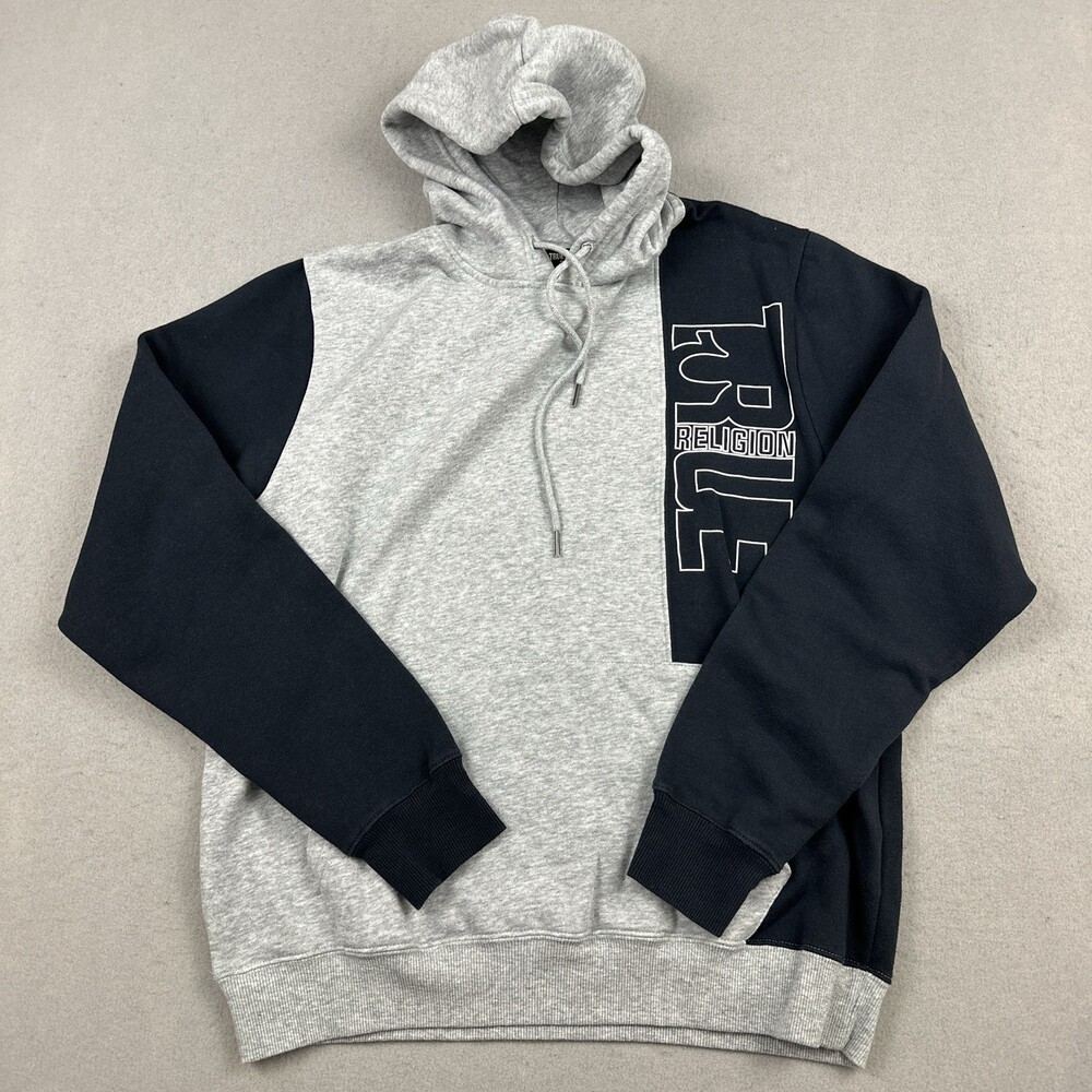 True Religion Hoodie Men XL Gray Blue Spell Out Logo Sweatshirt Pullover Pockets